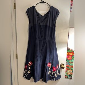 Navy eShakti jersey knit dress with red embroidered flowers, size XL (18)